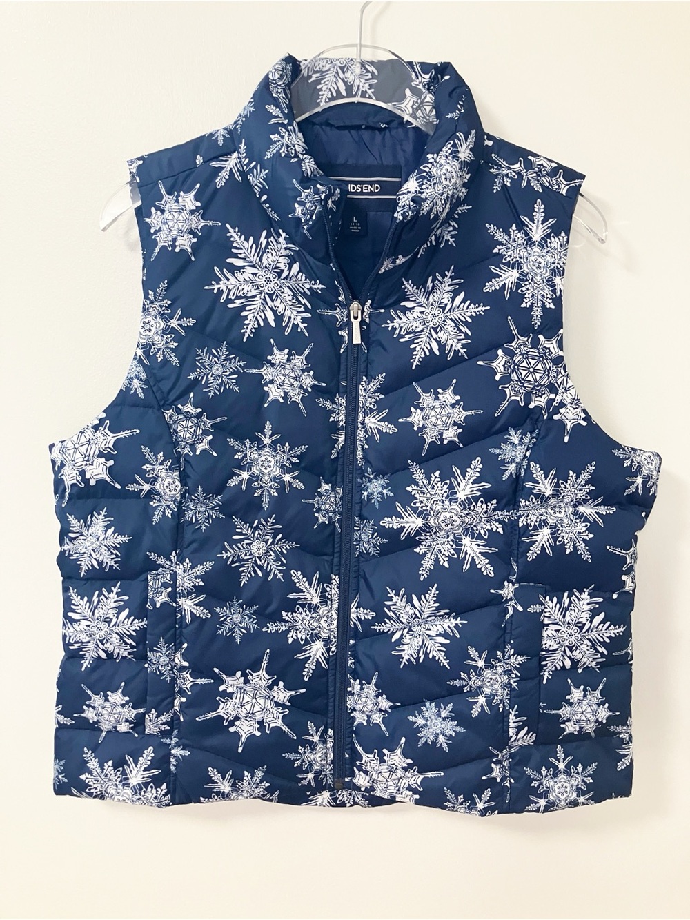 Lands’ End | Blue Snowflake Puffer Vest L Cabincore Gorpcore Outdoors Winter